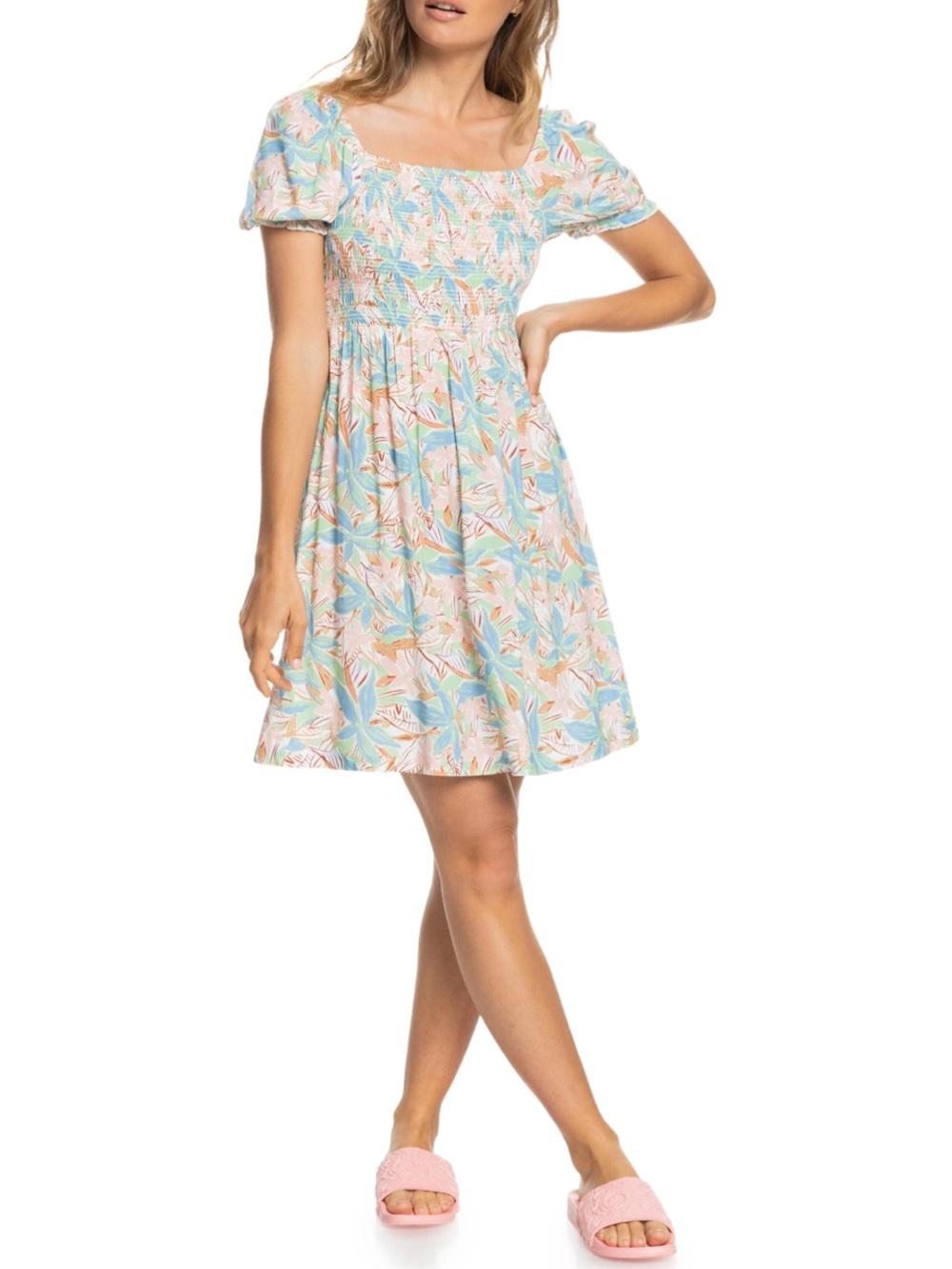 Roxy Hello Petal Floral Print Smocked Mini Dress